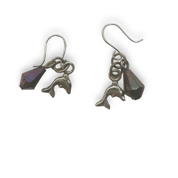 Dolphin Earrings Vintage Silver Tone Pearlescent Bead Fun Lightweight Dangles - Picture 4 of 8